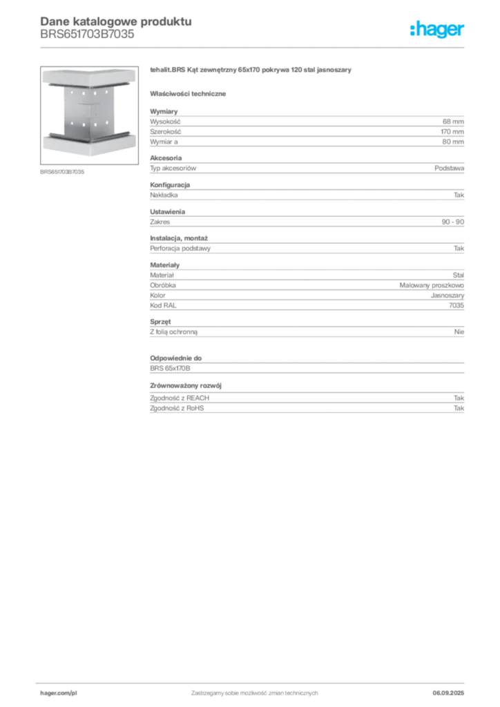 Zdjęcie Hager Dane katalogowe produktu BRS651703B7035 | Hager Polska
