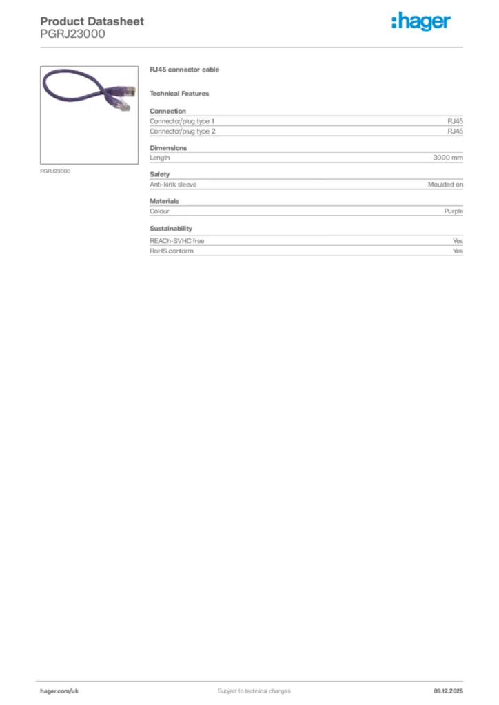 Image Hager Product data sheet PGRJ23000  | Hager