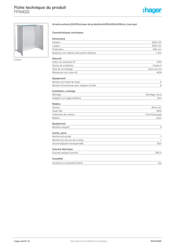 Image Hager Fiche technique du produit FP84QS | Hager Suisse