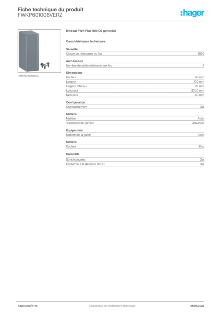Image Hager Fiche technique du produit FWKP601006VERZ | Hager Suisse