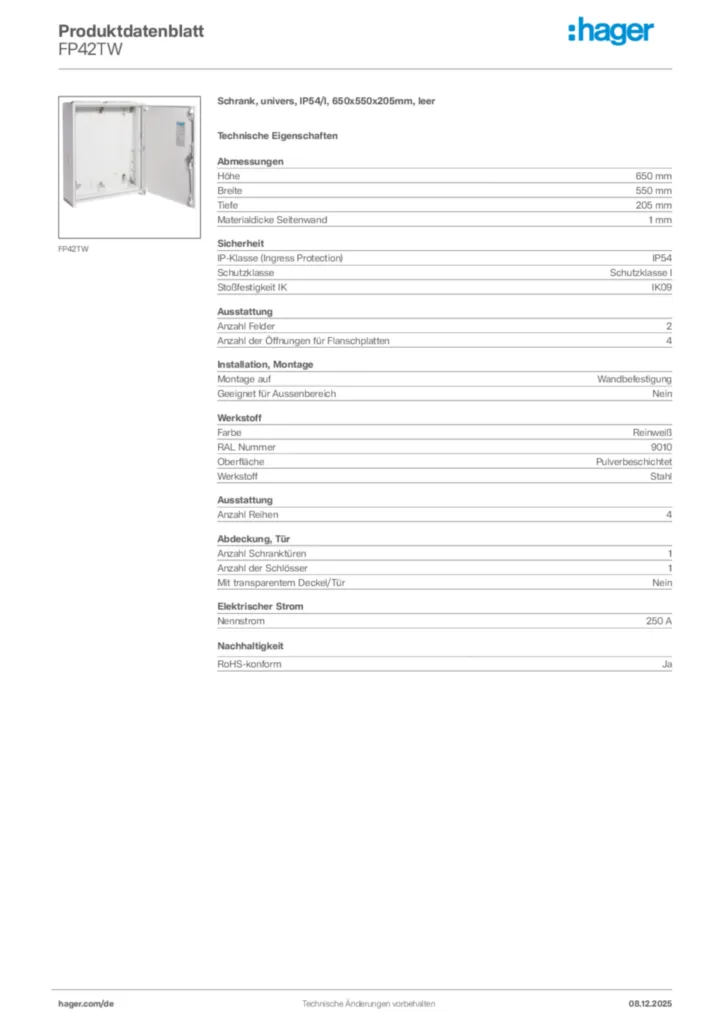 Bild Hager Produktdatenblatt FP42TW | Hager Deutschland