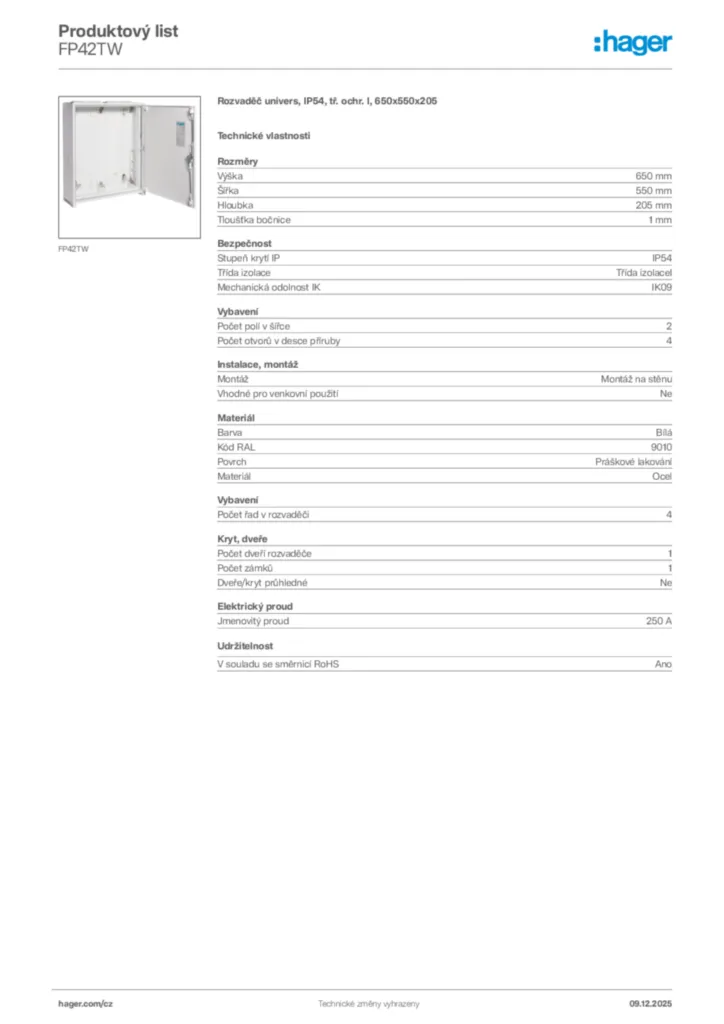 Obrázek Hager Product data sheet FP42TW | Hager