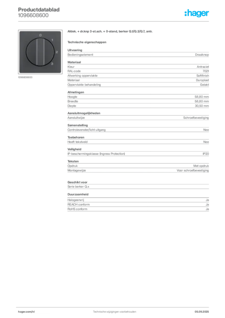 Afbeelding Hager Productdatablad 1096608600 | Hager Nederland