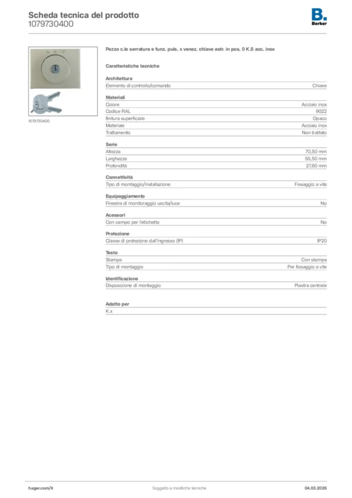 Immagine Berker Scheda tecnica del prodotto 1079730400 | Hager Italia