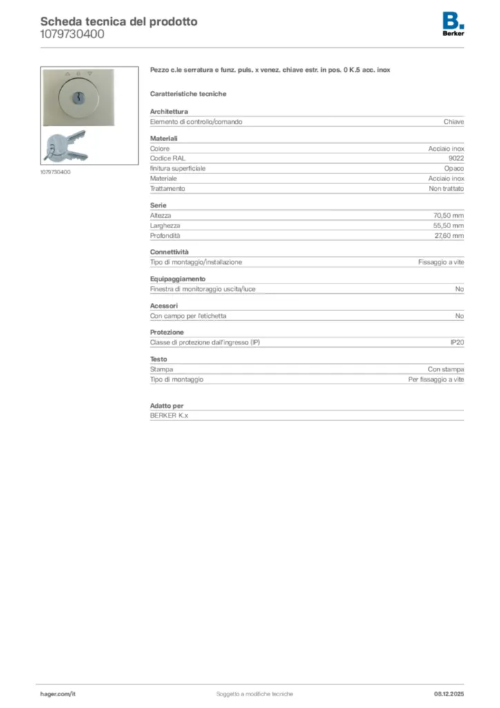 Immagine Berker Scheda tecnica del prodotto 1079730400 | Hager Italia