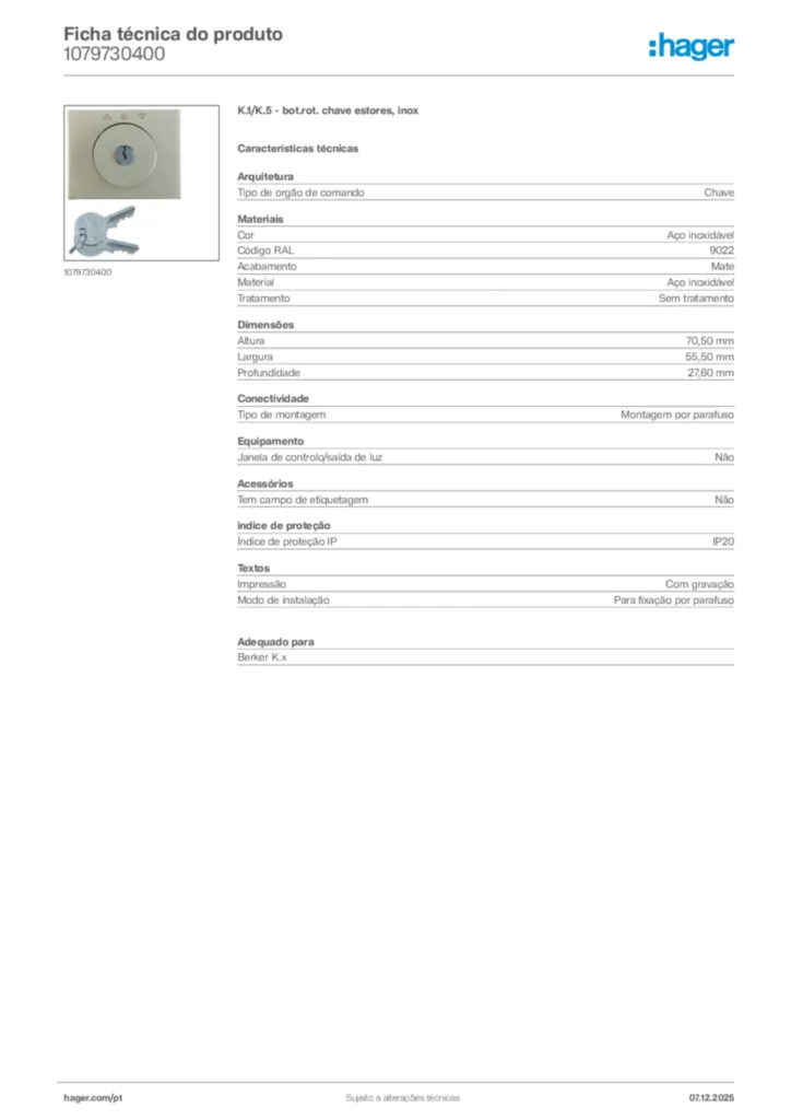 Imagem Hager Ficha técnica do produto 1079730400 | Hager Portugal