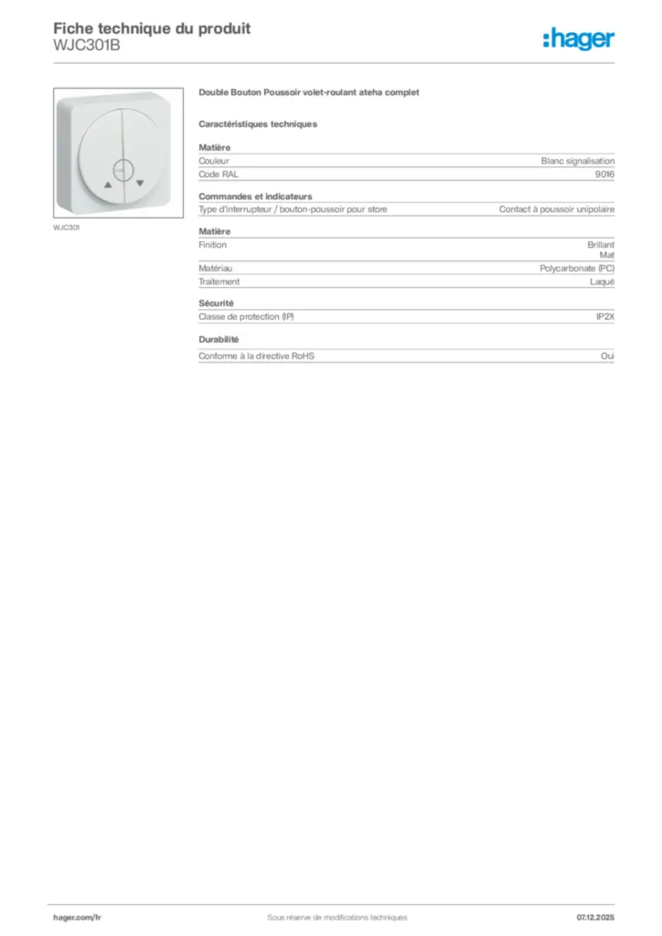 Image Hager Fiche technique du produit WJC301B | Hager France