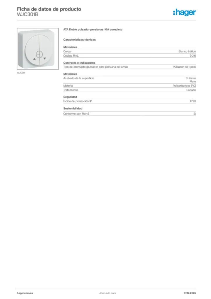 Imagen Hager Ficha de datos de producto WJC301B | Hager España