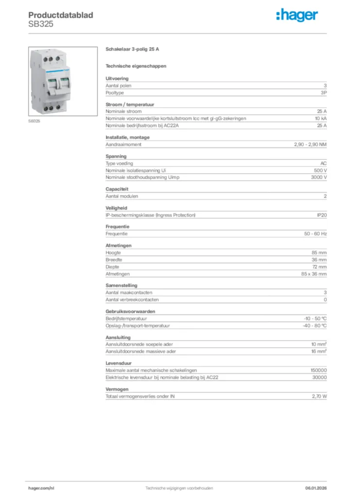 Afbeelding Hager Productdatablad SB325 | Hager Nederland