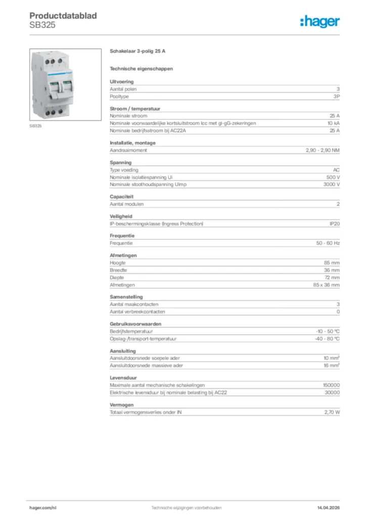 Afbeelding Hager Productdatablad SB325 | Hager Nederland