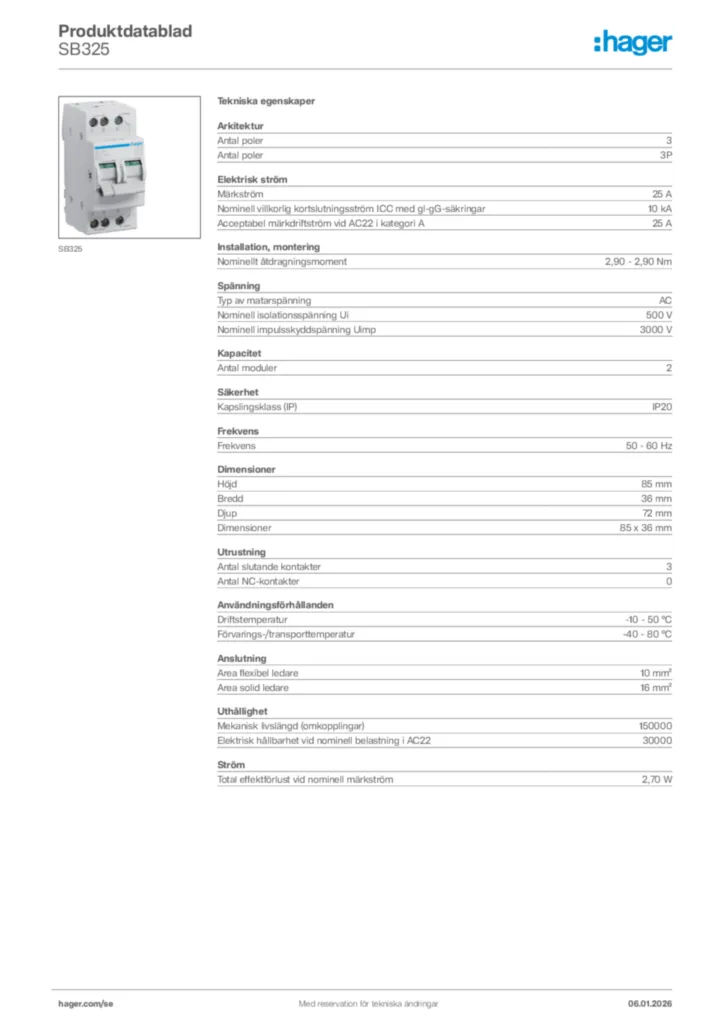 Bild Hager Produktdatablad SB325 | Hager Sverige