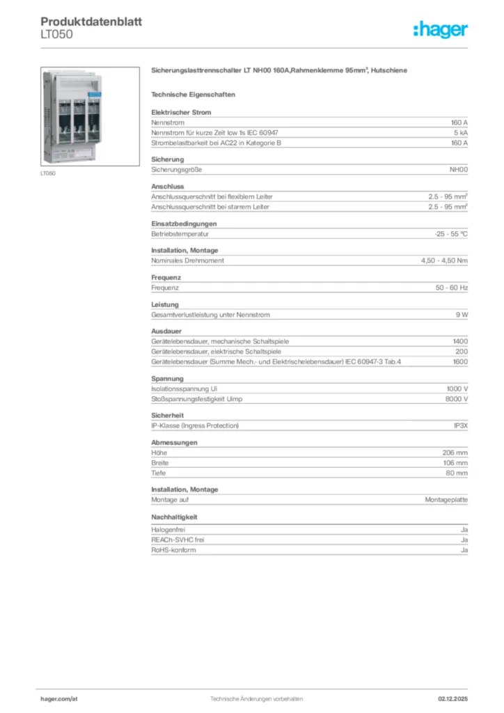 Bild Hager Produktdatenblatt LT050 | Hager Deutschland