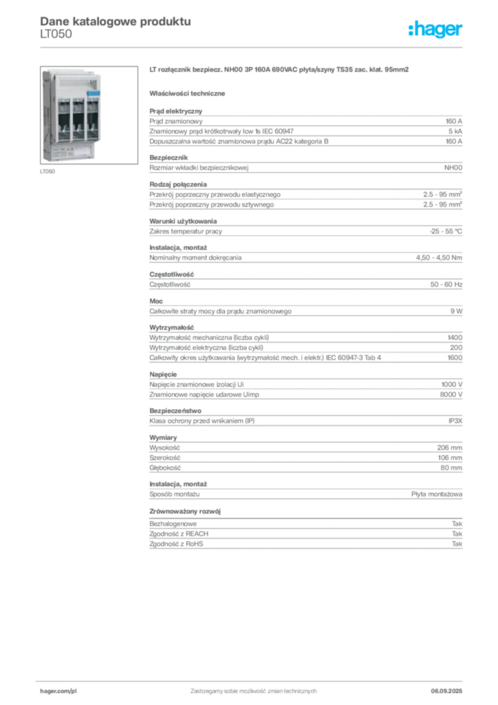 Zdjęcie Hager Dane katalogowe produktu LT050 | Hager Polska