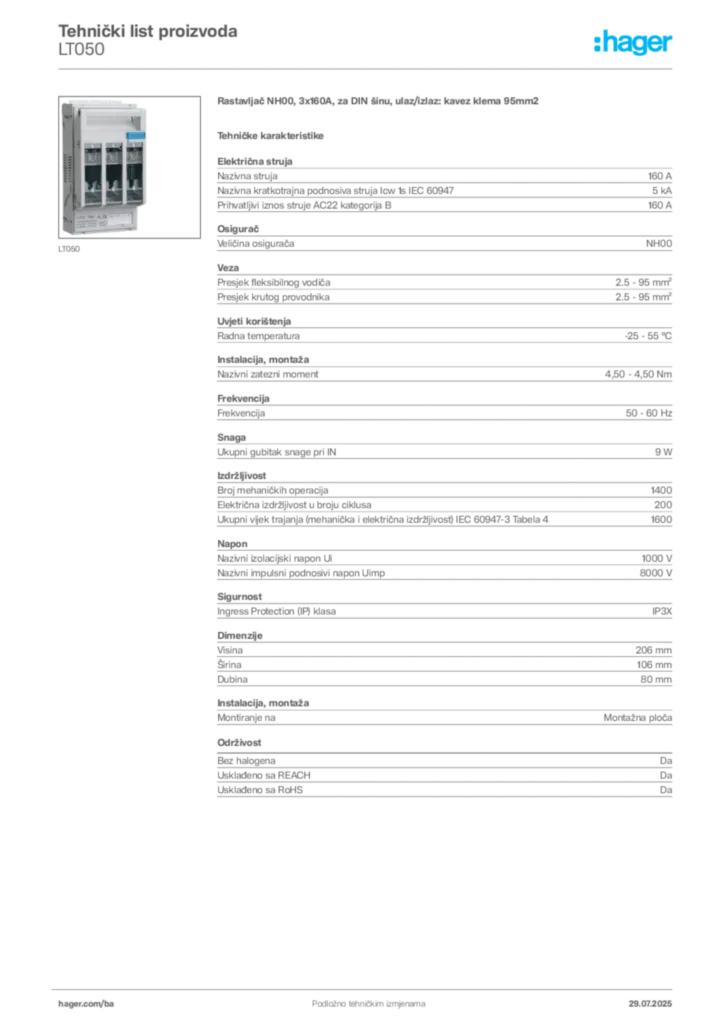Slika Hager Product data sheet LT050  | Hager