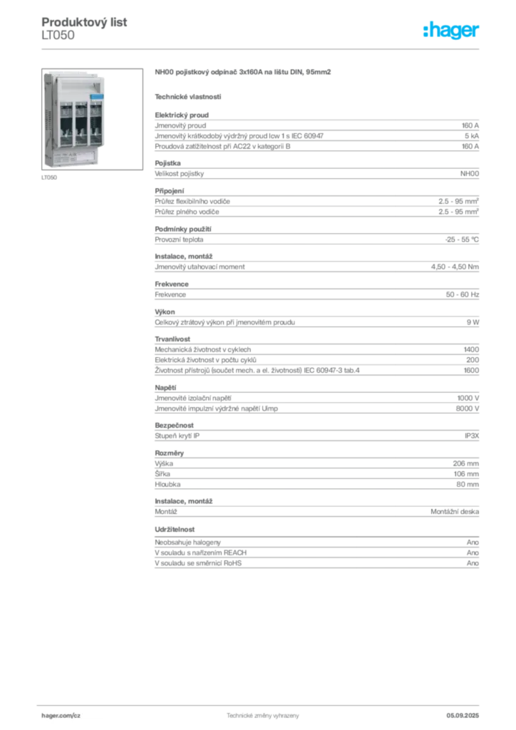 Obrázek Hager Produktový list LT050 | Hager