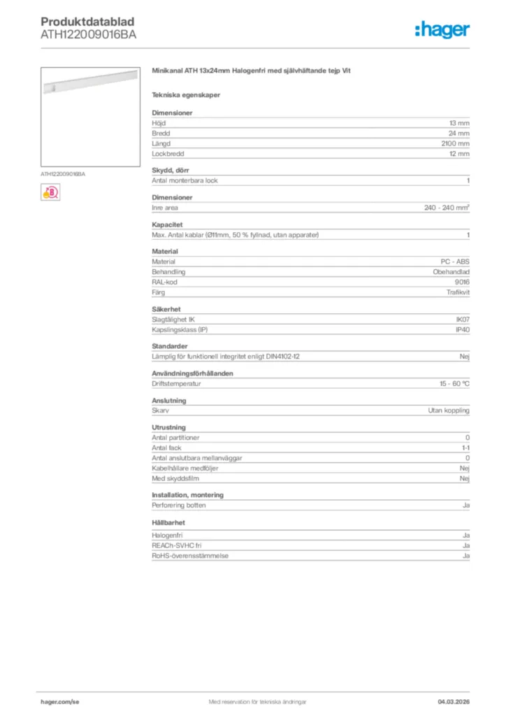 Bild Hager Produktdatablad ATH122009016BA | Hager Sverige