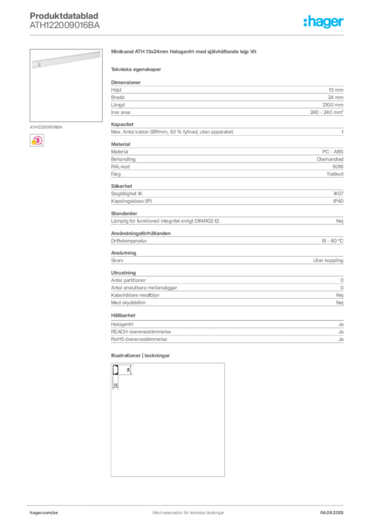 Bild Hager Produktdatablad ATH122009016BA | Hager Sverige