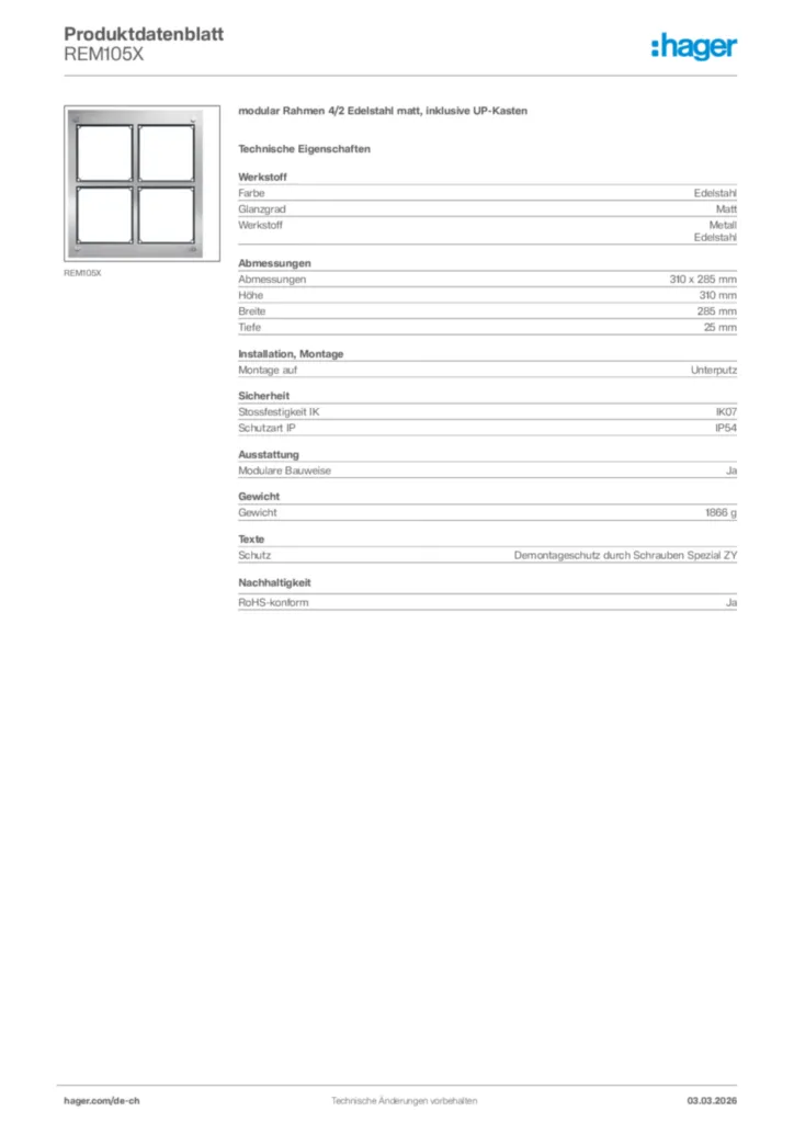 Bild Hager Produktdatenblatt REM105X | Hager Schweiz
