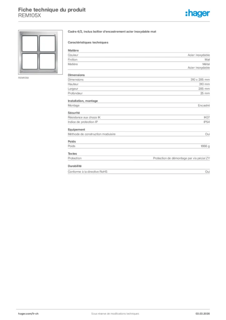 Image Hager Fiche technique du produit REM105X | Hager Suisse