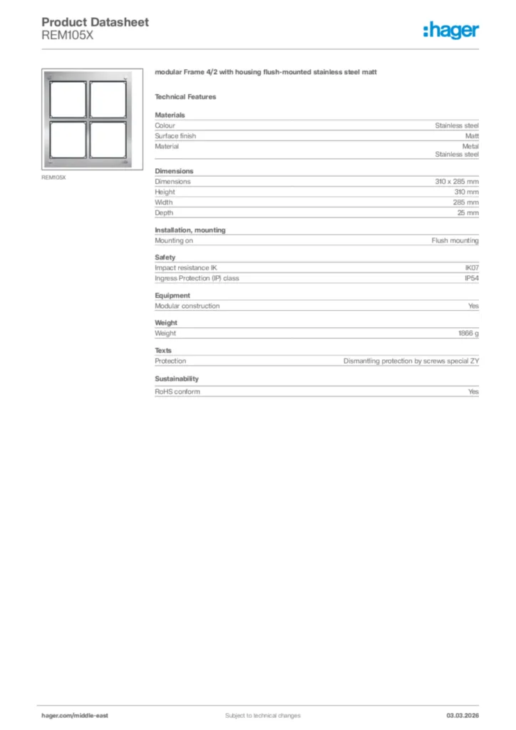 Image Hager Product data sheet REM105X  | Hager