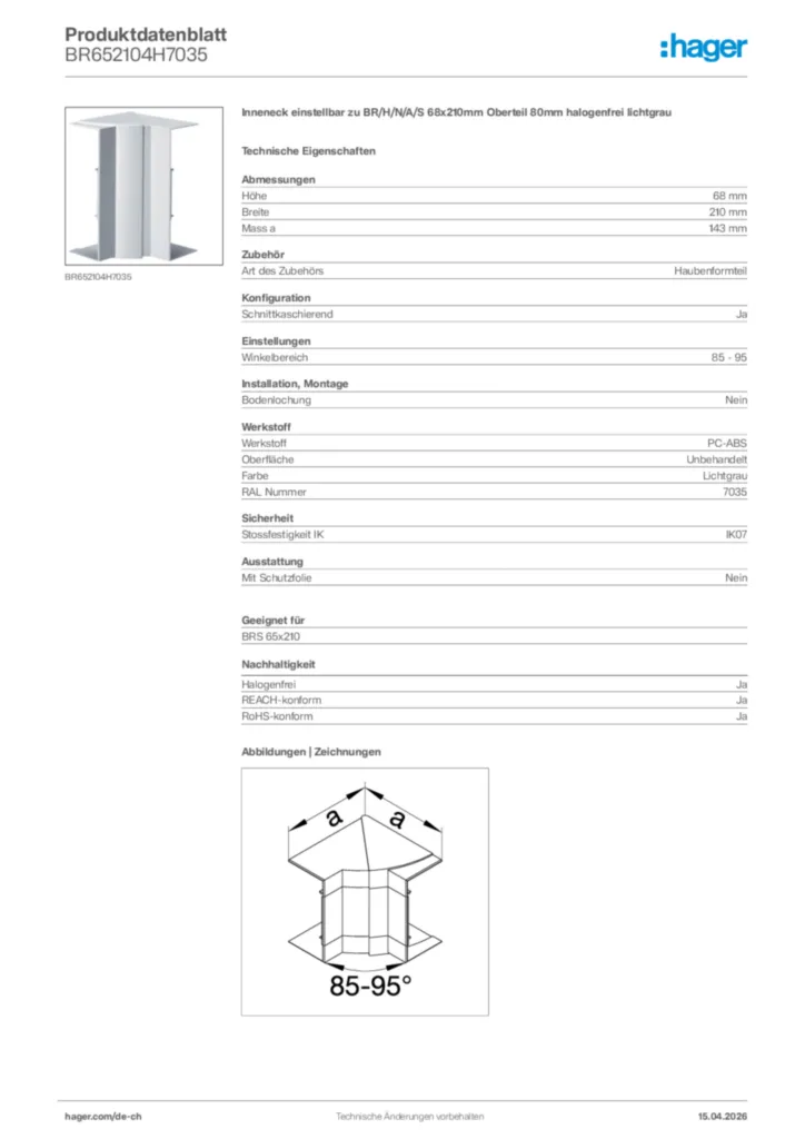 Bild Hager Produktdatenblatt BR652104H7035 | Hager Schweiz