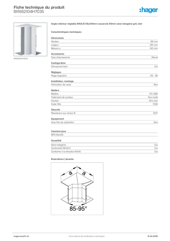Image Hager Fiche technique du produit BR652104H7035 | Hager Suisse
