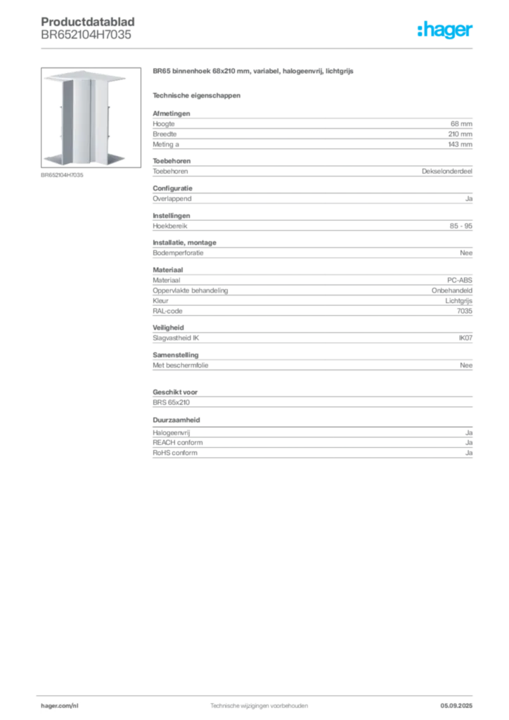 Afbeelding Hager Productdatablad BR652104H7035 | Hager Nederland