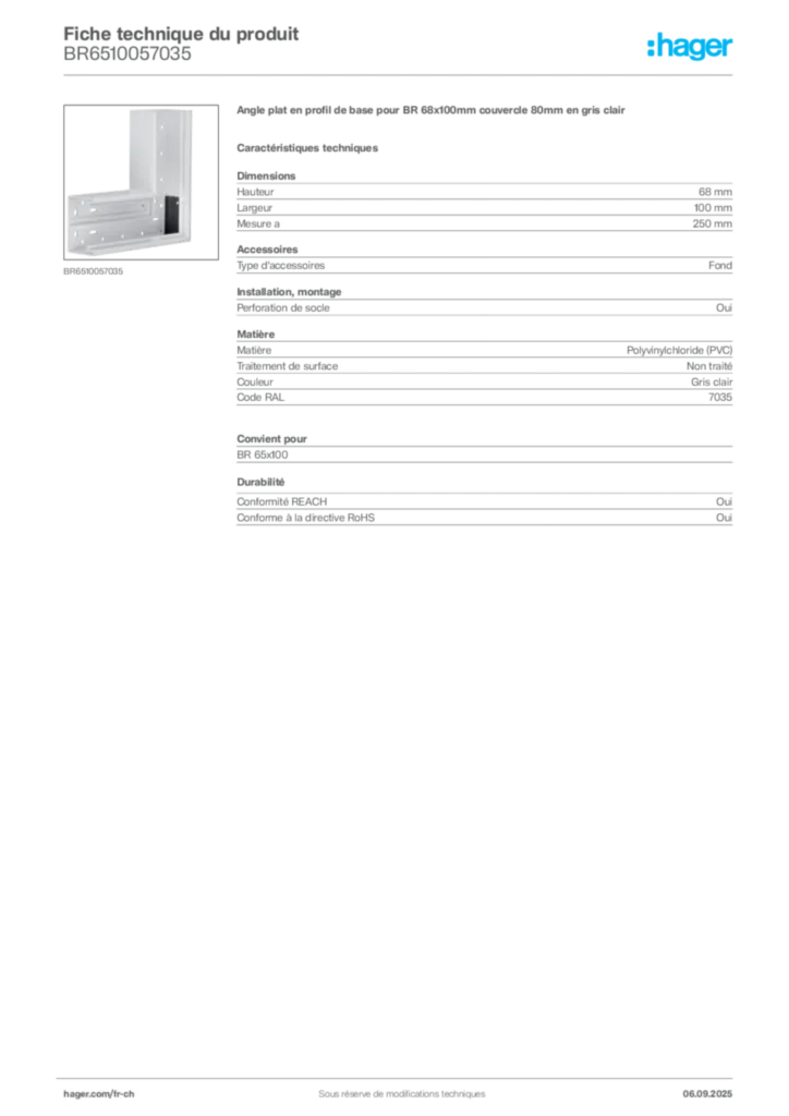 Image Hager Fiche technique du produit BR6510057035 | Hager Suisse