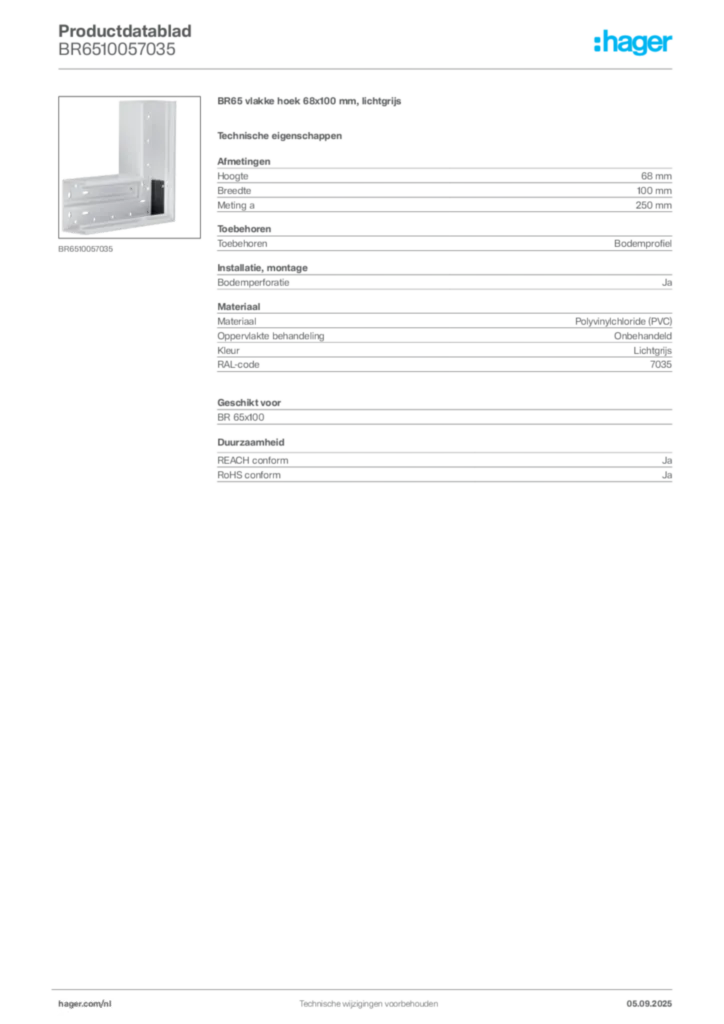 Afbeelding Hager Productdatablad BR6510057035 | Hager Nederland