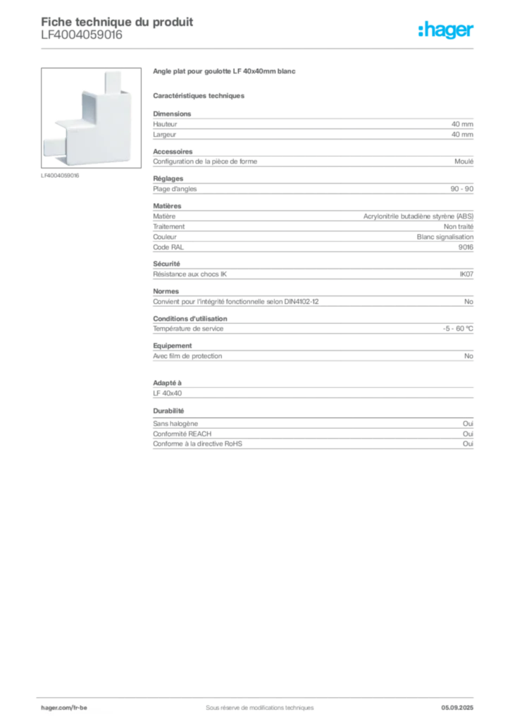 Image Hager Fiche technique du produit LF4004059016 | Hager Belgique