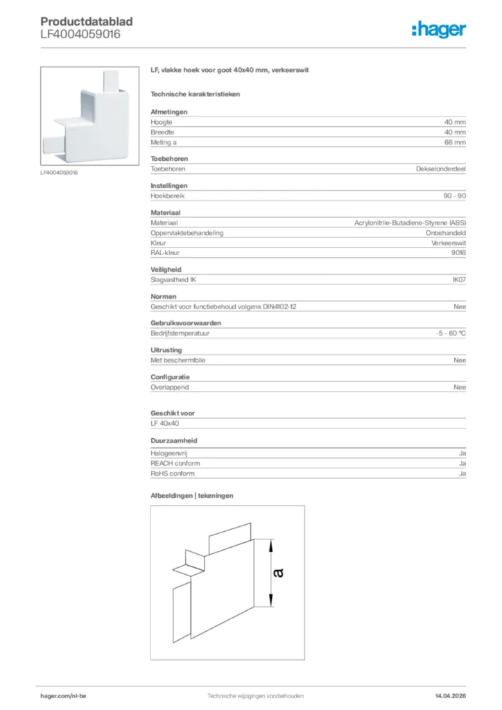 Afbeelding Hager Productdatablad LF4004059016 | Hager Belgium
