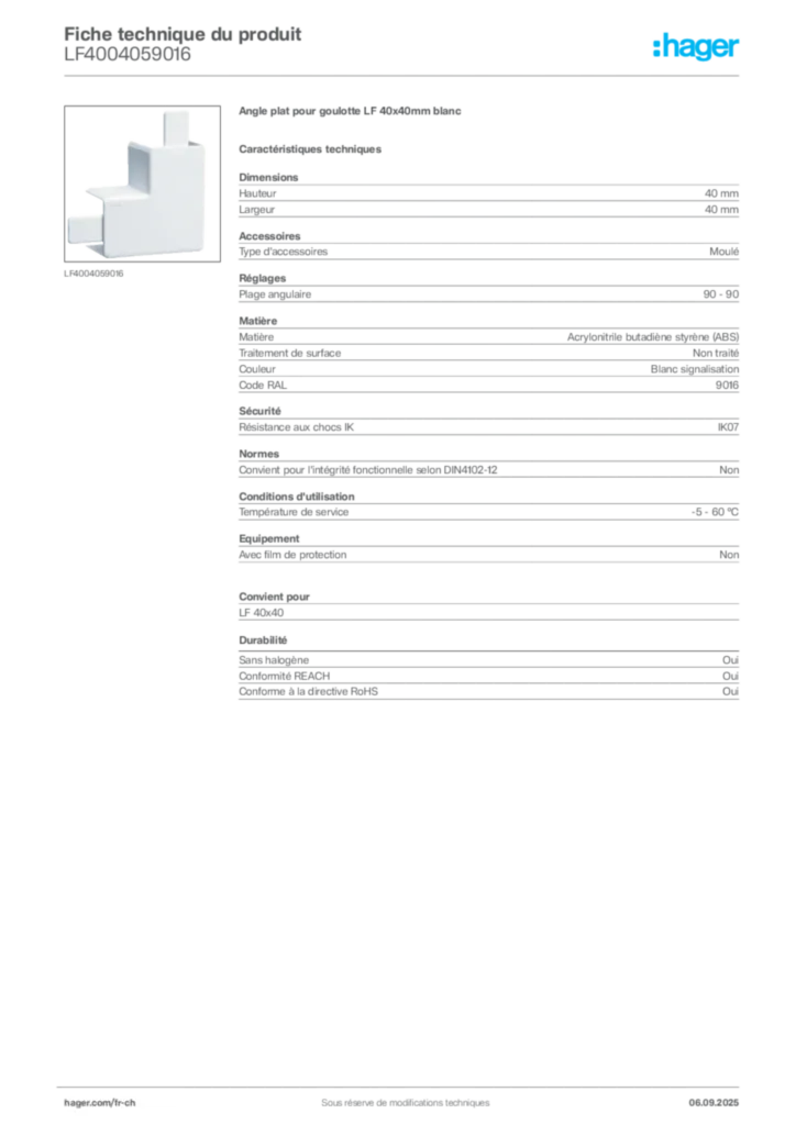 Image Hager Fiche technique du produit LF4004059016 | Hager Suisse