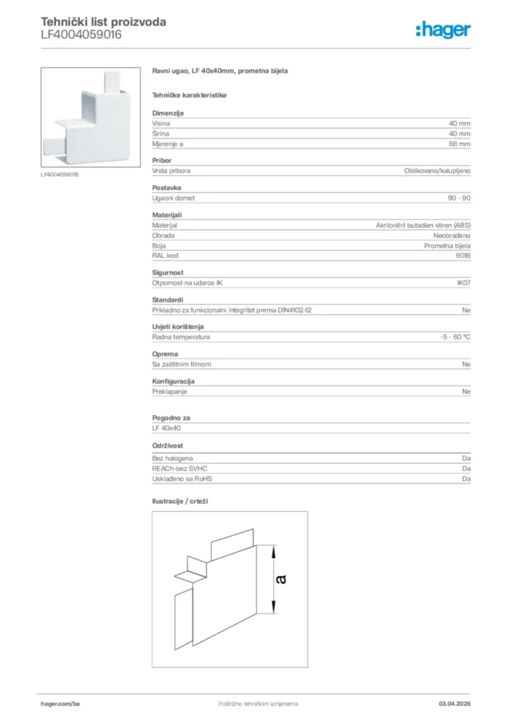 Slika Hager Tehnički list proizvoda LF4004059016  | Hager