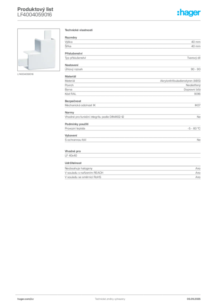 Obrázek Hager Produktový list LF4004059016 | Hager