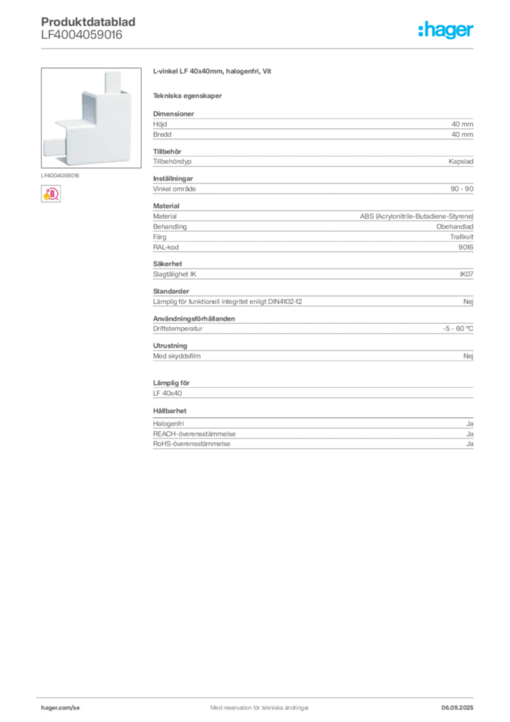 Bild Hager Produktdatablad LF4004059016 | Hager Sverige