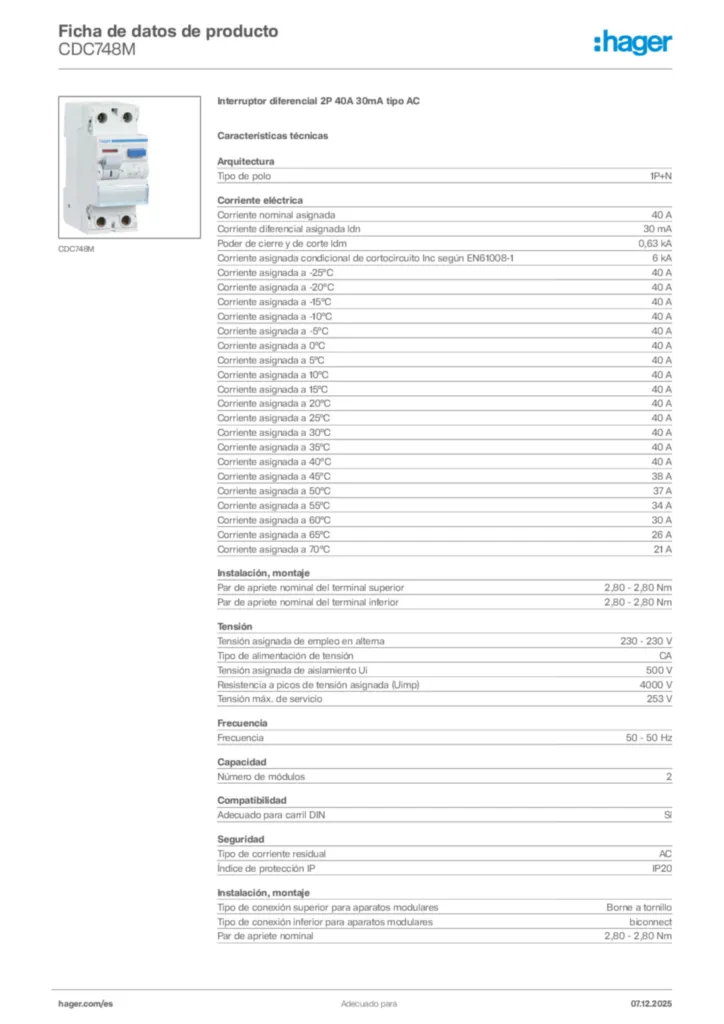 Imagen Hager Ficha de datos de producto CDC748M | Hager España