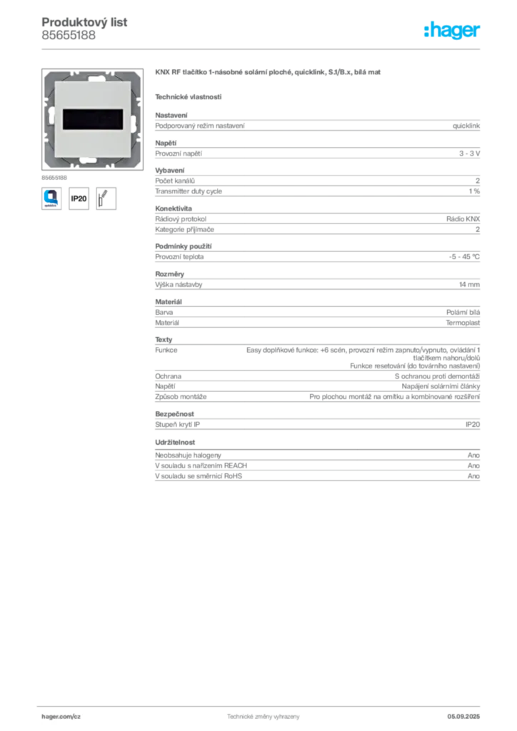 Obrázek Hager Produktový list 85655188 | Hager