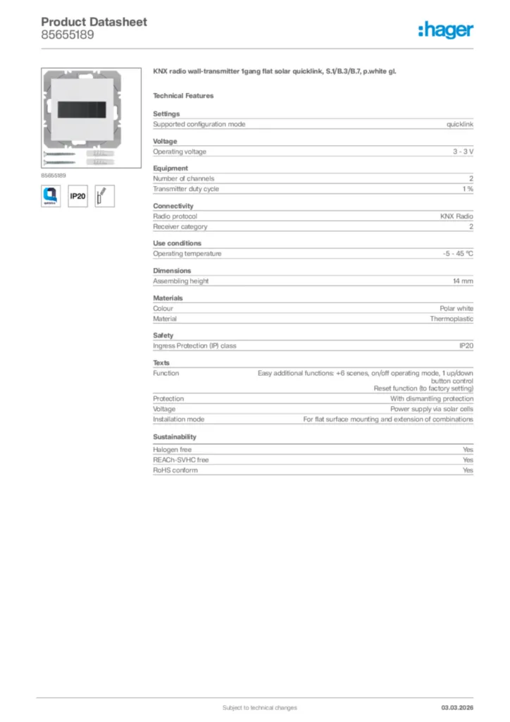 Image Hager Product data sheet 85655189  | Hager Africa