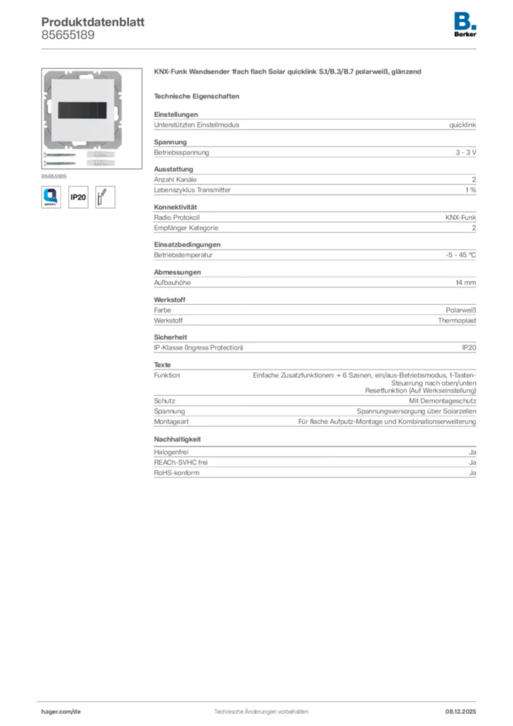 Bild Berker Produktdatenblatt 85655189 | Hager Deutschland