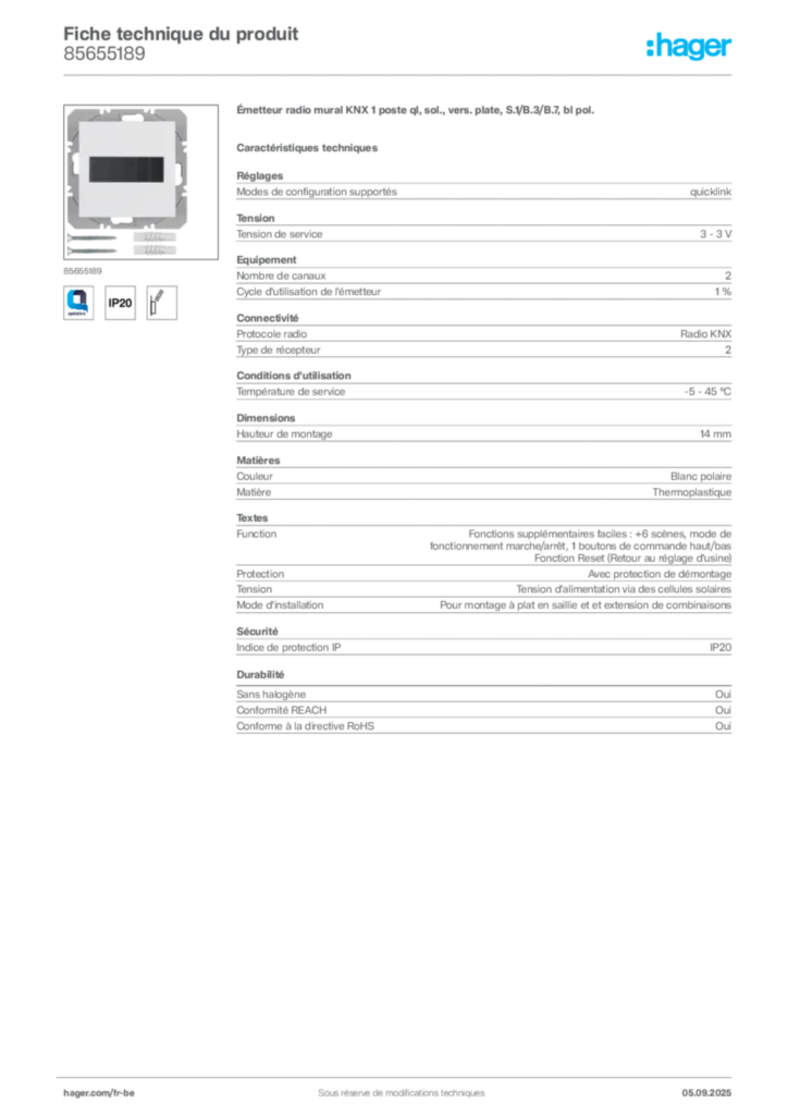 Image Hager Fiche technique du produit 85655189 | Hager Belgique
