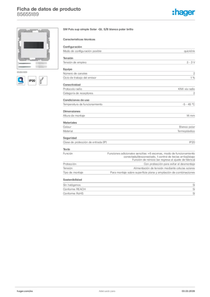 Imagen Hager Ficha de datos de producto 85655189 | Hager España