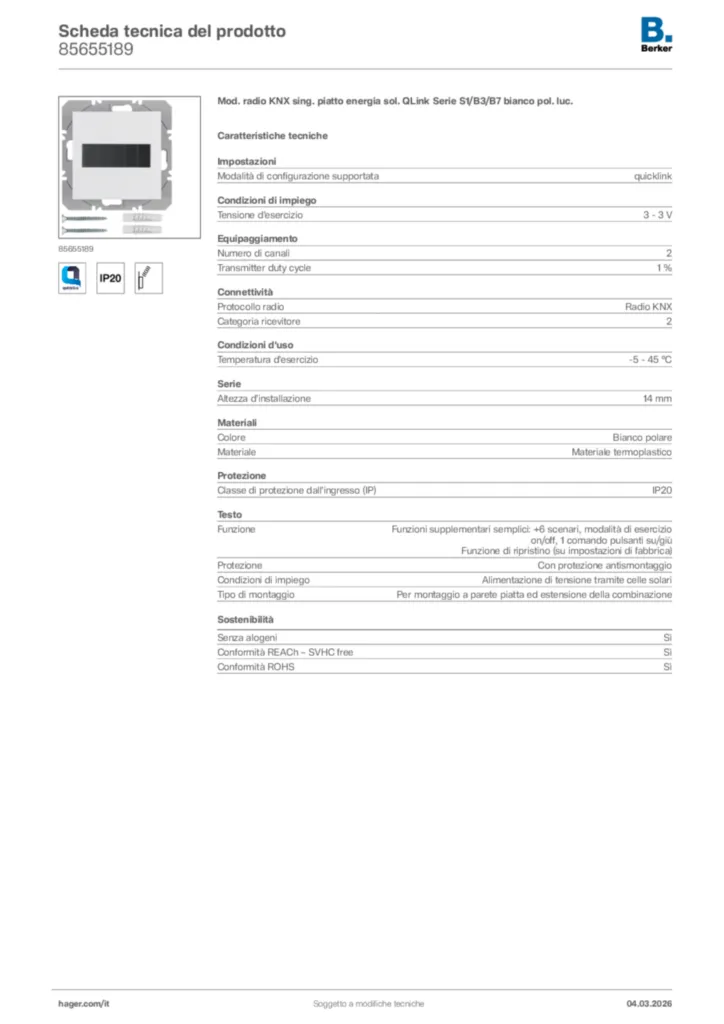 Immagine Berker Scheda tecnica del prodotto 85655189 | Hager Italia