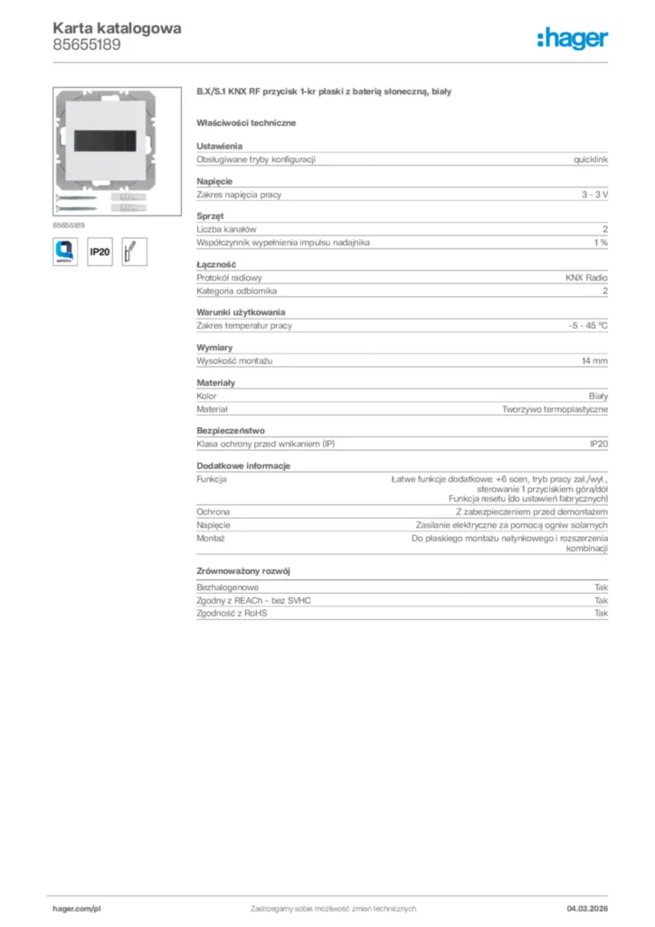 Zdjęcie Hager Karta katalogowa 85655189 | Hager Polska