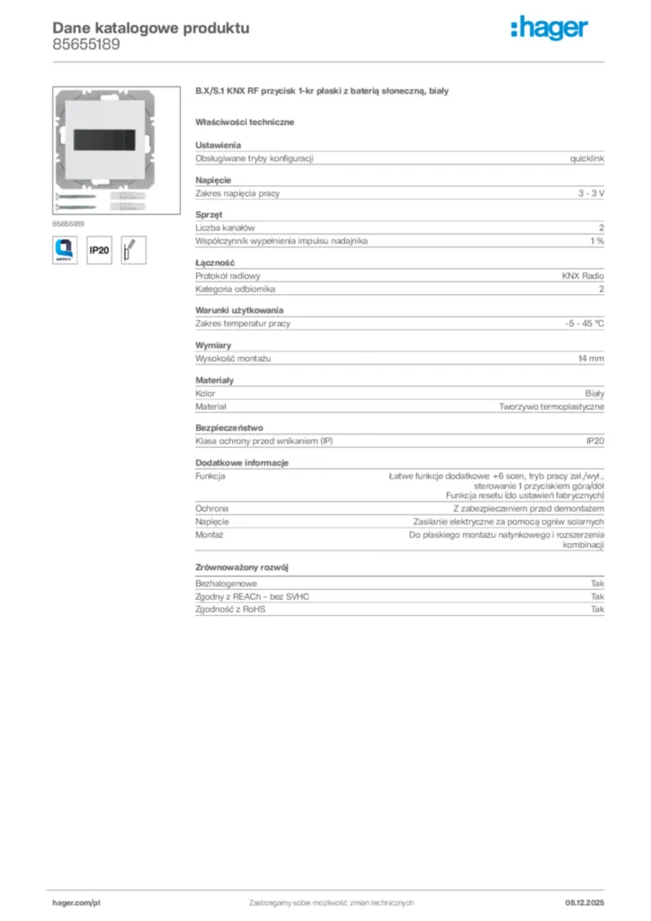 Zdjęcie Hager Karta katalogowa 85655189 | Hager Polska