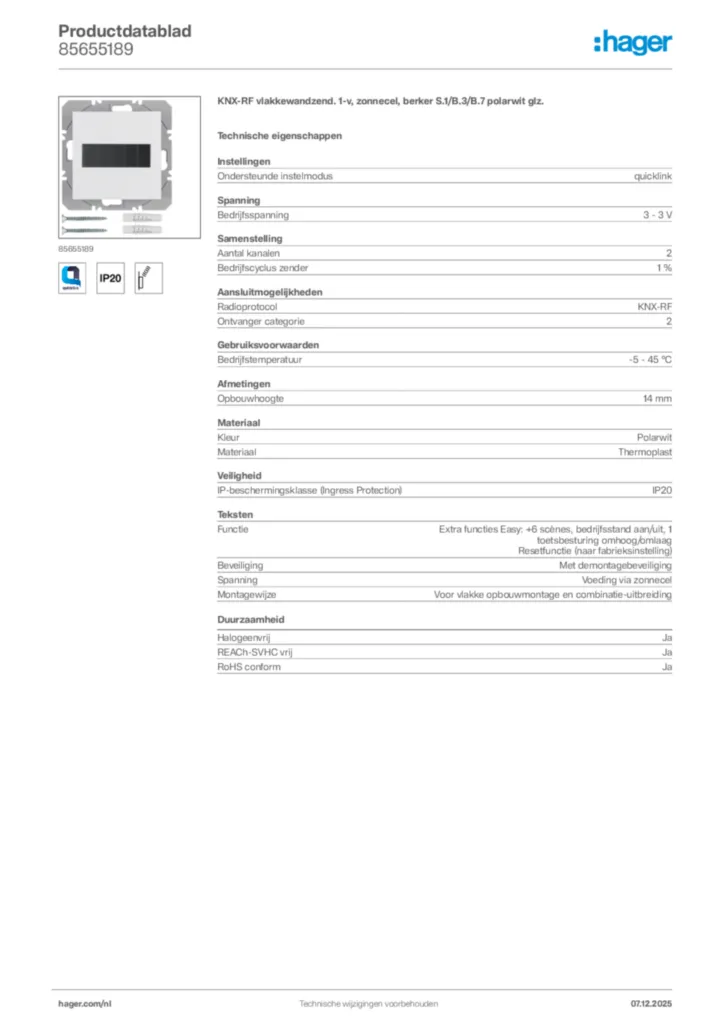 Afbeelding Hager Productdatablad 85655189 | Hager Nederland