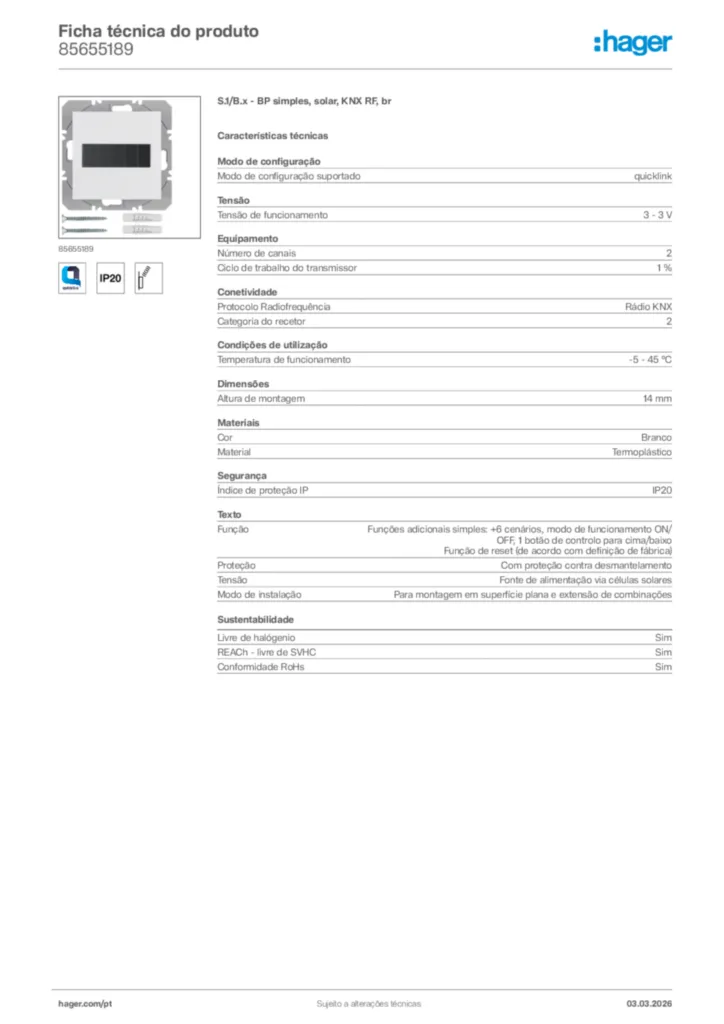 Imagem Hager Ficha técnica do produto 85655189 | Hager Portugal