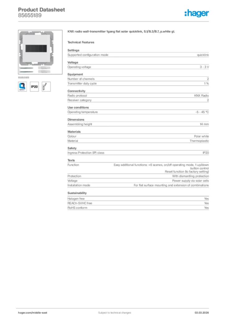 Image Hager Product data sheet 85655189  | Hager