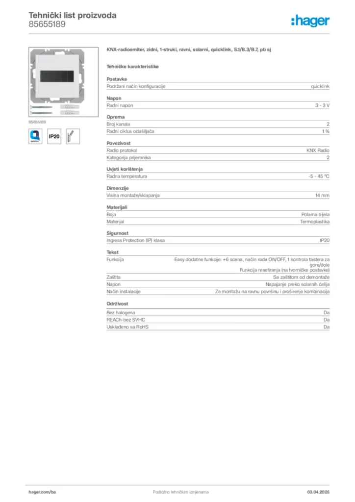 Slika Hager Tehnički list proizvoda 85655189  | Hager