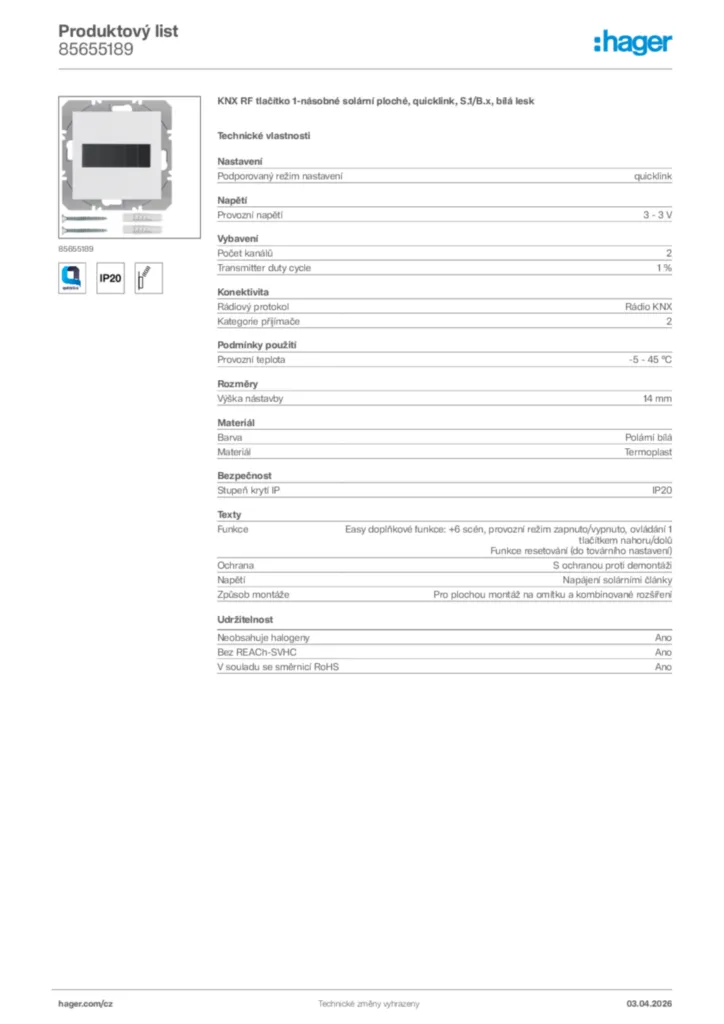 Obrázek Hager Product data sheet 85655189 | Hager