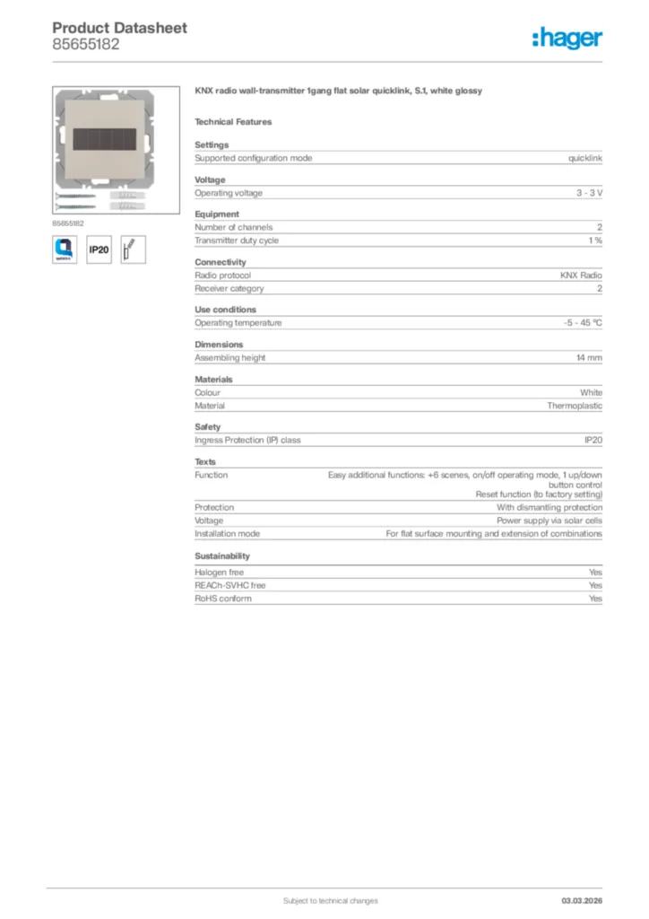 Image Hager Product data sheet 85655182  | Hager Africa